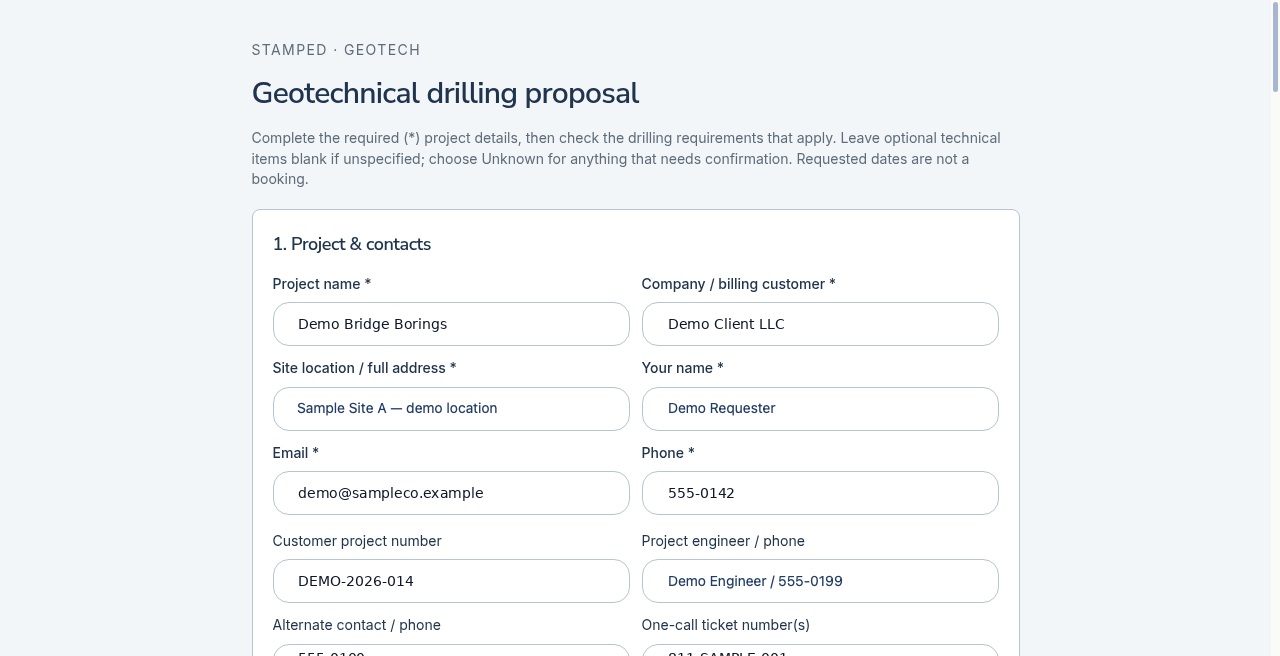 Intake form filled with Demo Client LLC and fictional project and contact details
