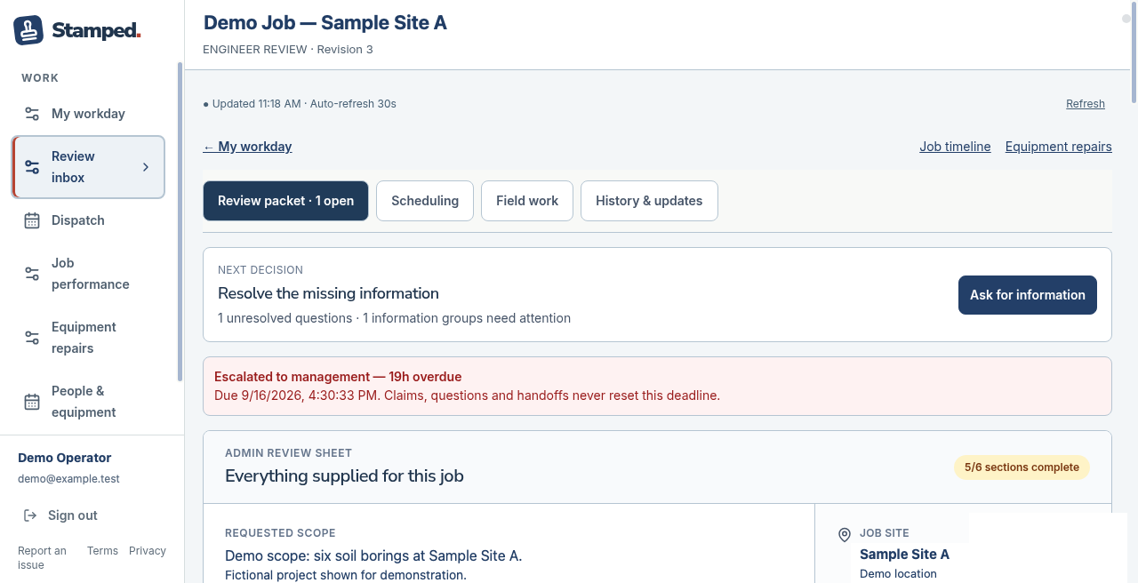 Demo job review showing a missing-information action and a shared review packet
